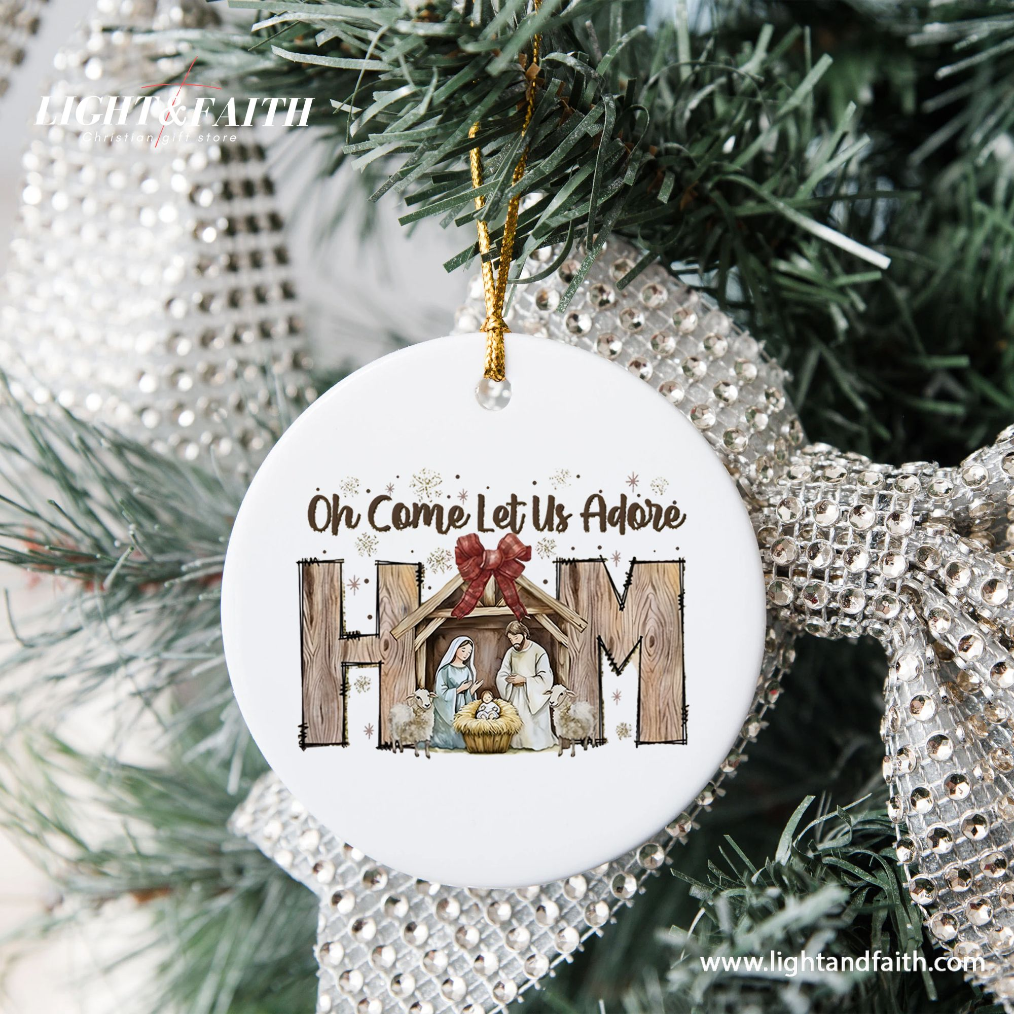 Nativity Scene Christmas Ornament, Christian Holiday Decoration, Oh Come Let Us Adore Him Ornament, Religious Xmas Tree Decor DCLAF23